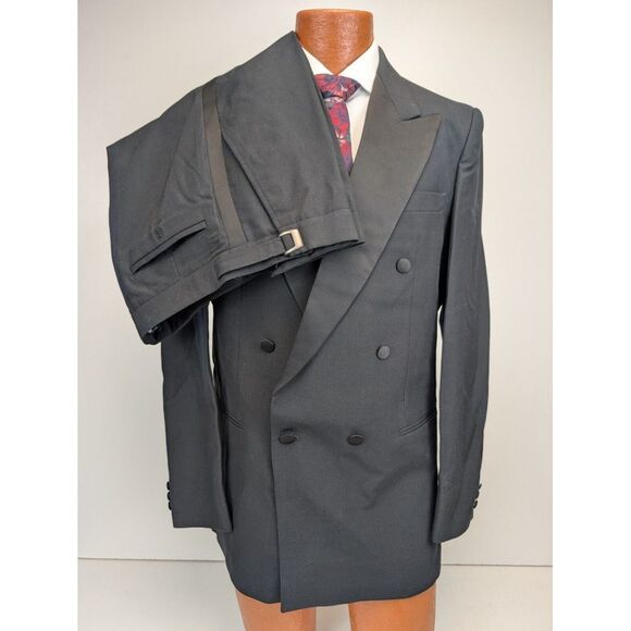 VTG 2 Piece Double Breasted Tuxedo Black Wool Peak Lapel Sz 40L Pants 34x29